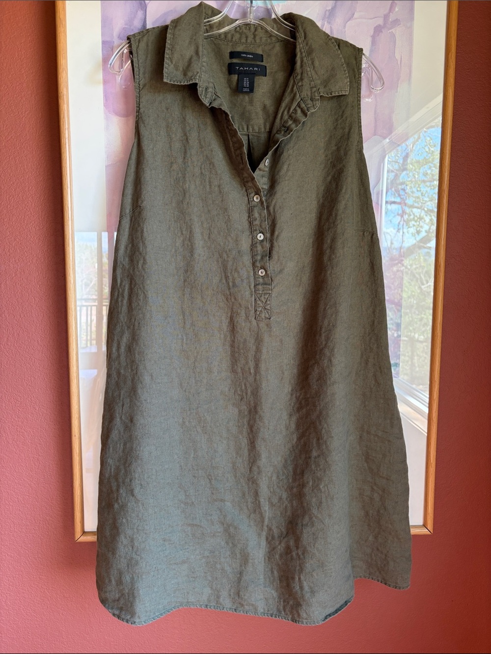 Tahari Linen Shift Dress or Tunic, Olive Green, Size XL